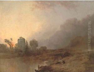 A rest by the wayside, sunset by Anthony Vandyke Copley Fielding