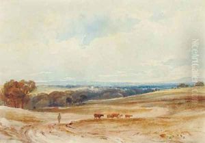 An extensive landscape with cattle and a drover