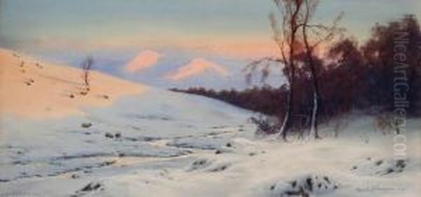 A Snowy Landscape With A Stream And Sheep On A Hillside - view 1
