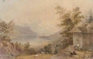 Figures conversing in a mountainous lake landscape by Anthony Vandyke Copley Fielding