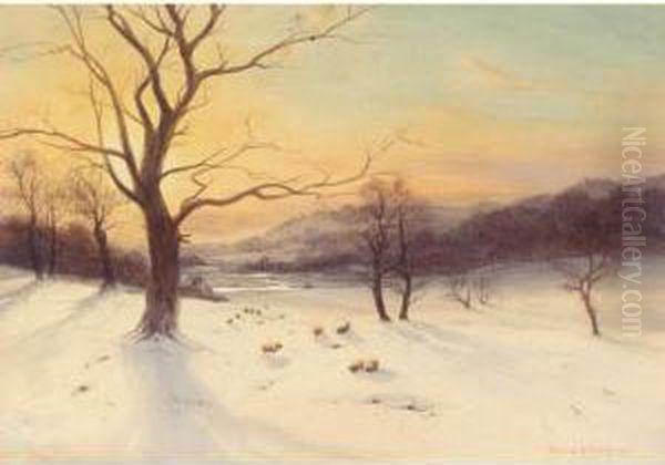 Sheep In The Snow At Dusk - view 1