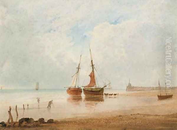 Beached fishing vessels at low tide - view 1