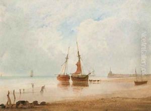 Beached fishing vessels at low tide by Anthony Vandyke Copley Fielding
