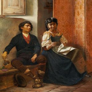 Italian Genre Scene Witha Young Couple Flirting by Carl Christian Thomsen