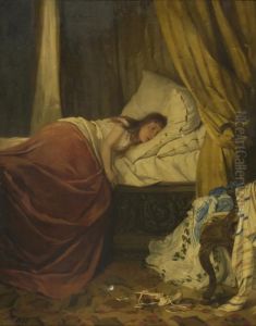 After The First Ball. Depicting A
Tired Girl Resting In Her Bed Looking At Her Ball Gown Draped Over A
Chair. Her Unlaced Shoes Lay Nearby On The Floor. by Carl Christian Thomsen