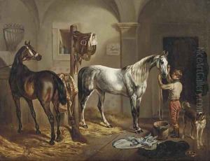 Tending to the horses by Gustav Adolf Friedrich
