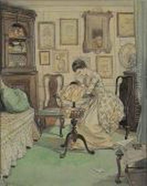 Story Illustration: Woman Embroidering, People Reflected In Mirror. - view 1