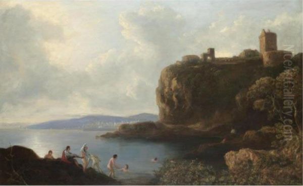 Boys Bathing Below Ravenscraig Castle - view 1