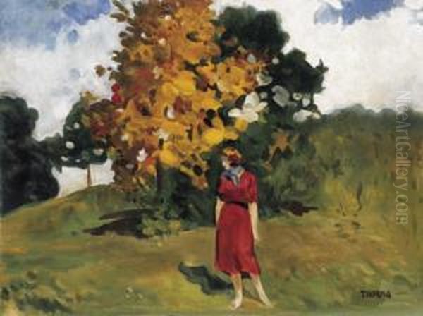 Girl In Red Dress With Autumn Landscape Of Nagybanya - view 1
