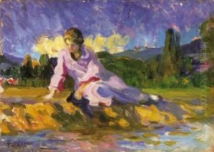 Lady In Rose Dress By The Riverside by Janos Thorma