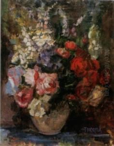 A Bunch Of Spring Flowers In A Vase by Janos Thorma
