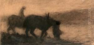 Farmers And Horses In A Landscape by Johann Thorn Prikker