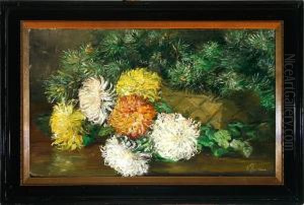 Emmy Thornam: A Still Life With Chrysanthemum In A Basket. Signed E. Thornam - view 1