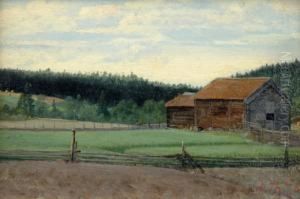 Sommarlandskap Med Lador. Signerad Och Daterad -76. Duk Pa Panna, 21x31