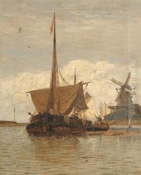 Boats In An Estuary With A Windmill Beyond - view 1