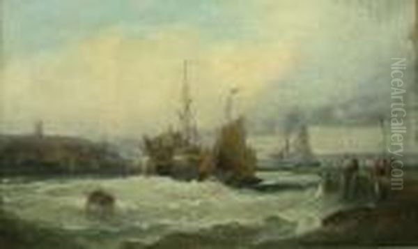 Thornley : Sailing Barge And
Fishing Boat In The Harbour Mouth Oil On Canvas Signed 24cm X 39cm - view 1