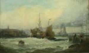Thornley : Sailing Barge And
Fishing Boat In The Harbour Mouth Oil On Canvas Signed 24cm X 39cm by Charles Thorneley