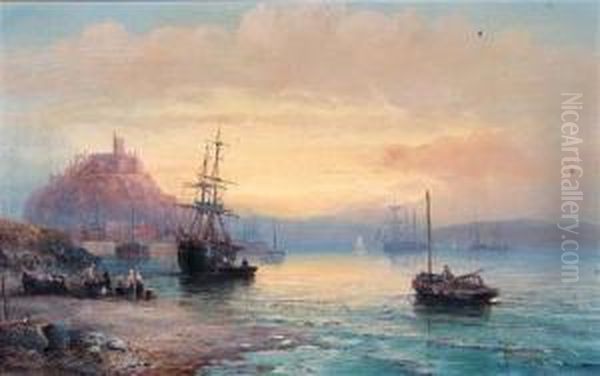Figures And Shipping In Calm Waters Off St Michaels Mount At Sunset - view 1