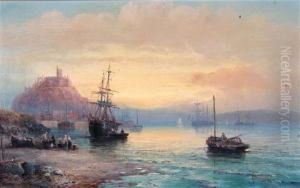 Figures And Shipping In Calm Waters Off St Michaels Mount At Sunset
