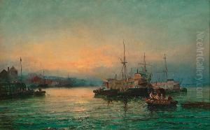 Warships, A Tug And Other Vessels In An Estuary