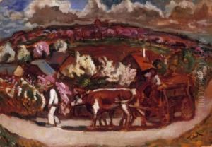 Transylvanian Landscape With People Going Home by Erno Tibor