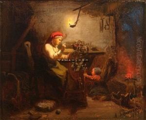 Mor Og Barn I Interior by Adolphe Tidemand