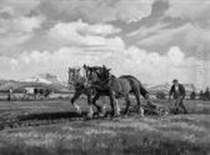 "bauern Auf Dem Feld Mit Pferde-
Und Ochsenpflug". Sign. Und Dat. 40. Ol Auf Lwd. Am Rand Kleine
Nagellocher. 70 X 95 Cm by Willy Tiedjen