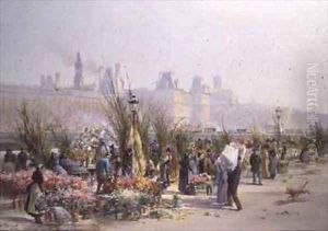 Flower Market by the Seine by Georges Fraipont