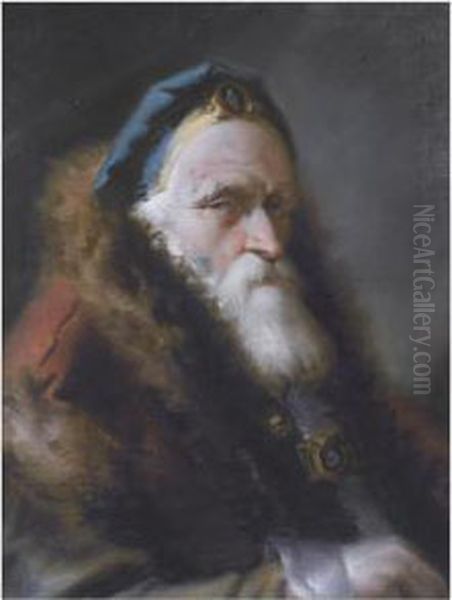 Portrait Of An Oriental, Head 
And Shoulders, Wearing A Bejewelled Blue Hat And A Red Fur-trimmed Coat - view 1