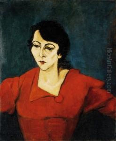 Red-dressed Woman In Green Background (the Portrait Of Mrs. Kar) - view 1
