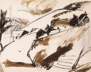 Hilly Landscape With Houses by Lajos Tihanyi