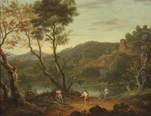 An Italianate Landscape With
'boule' Players On The Banks Of A Lake, Fortified Towns In The Distance by Peter Tillemans