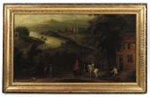 A River Landscape With Horsemen Resting On A Track Before A Cottage by Peter Tillemans