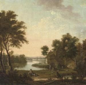 A Wooded River Landscape With A Shepherd And His Flock And A Couple By A Hamlet