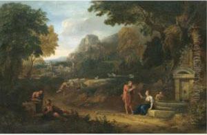 An Italianate Landscape With 
Figures Drinking From A Well And A Shepherd Boy Droving His Flock Beyond