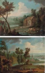 A River Landscape With A Drover Resting With His Cattle By A House by Peter Tillemans