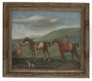 Two Royal Mares, One Held By Its Rider, The Other With Jockey Up, A Racecourse Beyond by Peter Tillemans