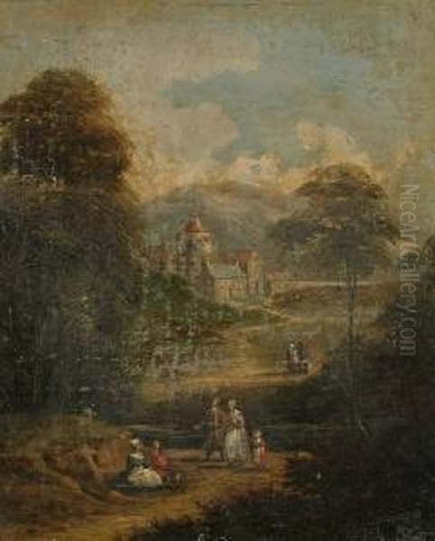 Figures On A Country Path, A View To A Village Beyond - view 1