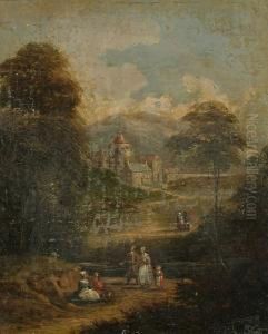 Figures On A Country Path, A View To A Village Beyond by Peter Tillemans