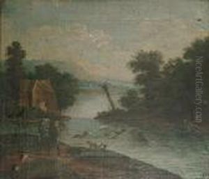 A River Landscape With Huntsmen And Their Dogs