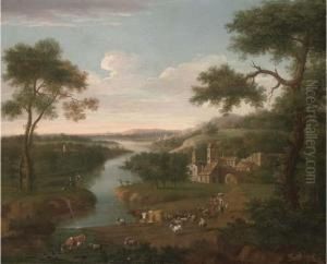 An Extensive Wooded River 
Landscape With A Shepherd, His Family Andcattle On A Track, A Village 
Beyond