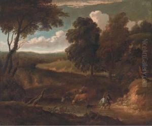 A Wooded Track With Cattle Drinking At A River And Figures With Adog