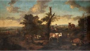 An Italianate Landscape With Drovers And Their Animals