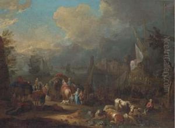 An Italianate Harbour With Peasants And Elegant Figures By Afrigate - view 1