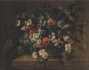 Roses, Snowballs, Lilac, 
Carnations, Narcissi And Other Flowers In A Basket Upon A Stone Ledge thumbnail