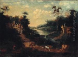 A River Landscape With Drovers On A Track Outside A Village