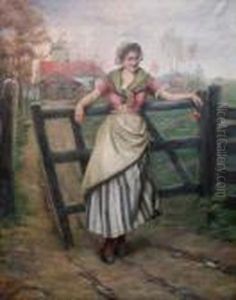 Bergere Devant Une Ferme Avec Un Moulin A Vent. by Henri Timmermans