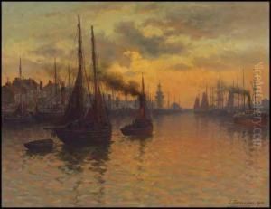 Tall Ships And Tugboats In Harbour At Sunset