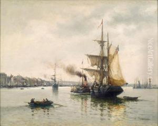 Etienne Bateaux Dans Le Port Huile Sur Panneau Signee En Bas A Droite - view 1