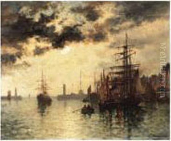 Trois Mats Sortant Du Port Au Clair De Lune - view 1